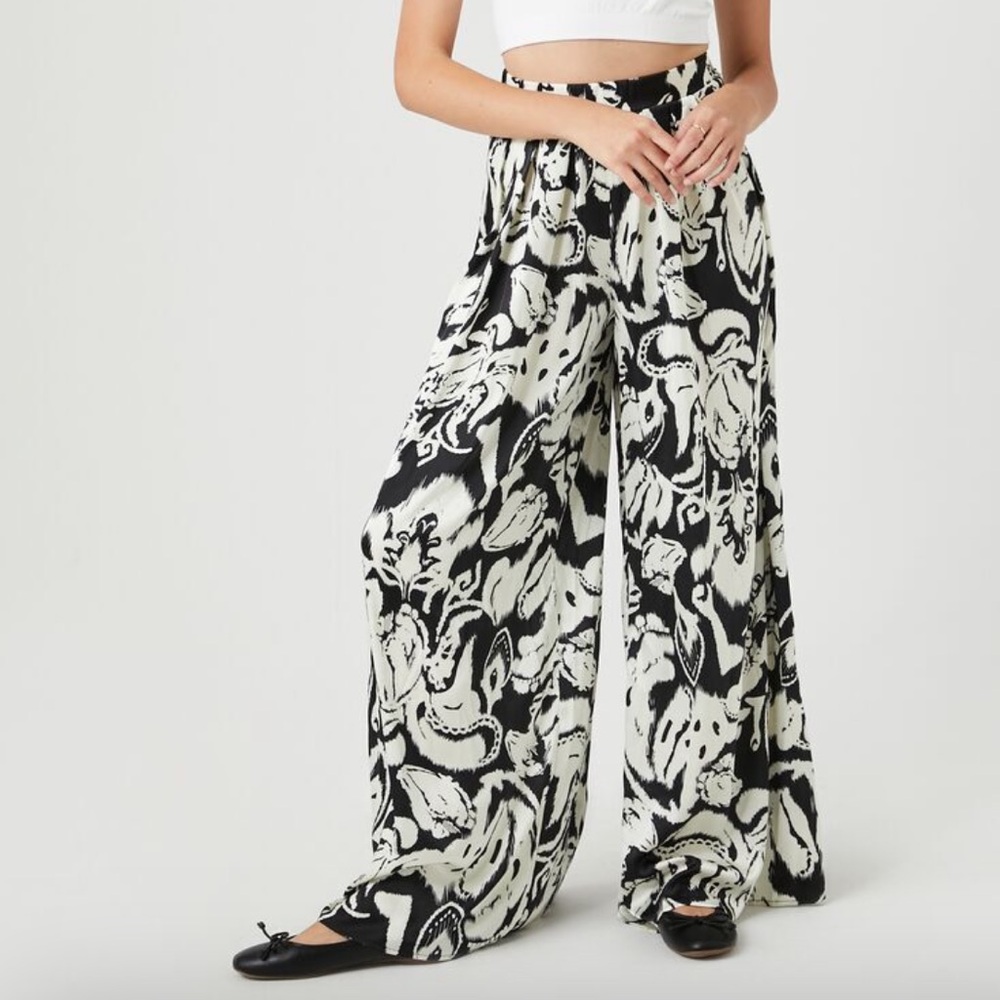 Satin print wide leg pants